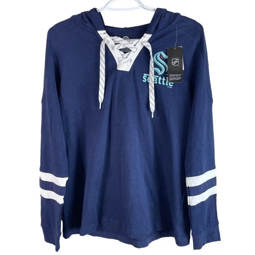 NHL Seattle Kraken Hoodie Kids Size M 8/10 Navy Blue Lace Up Jersey Style